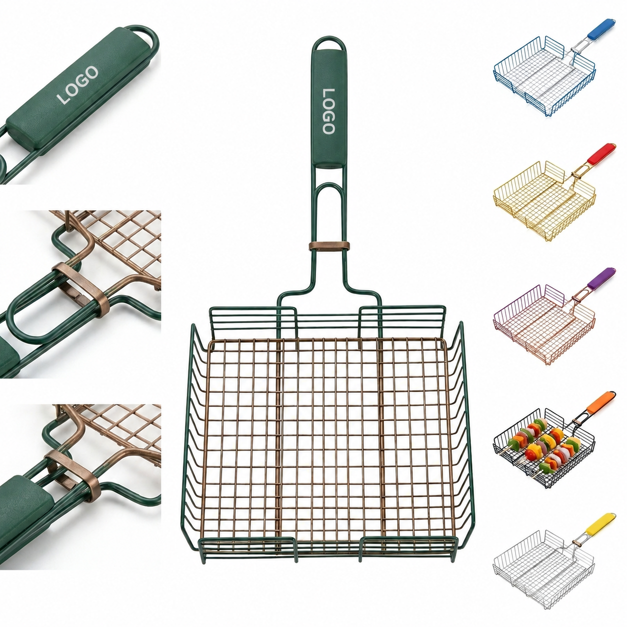 Multicolor Stainless Steel Grill Basket with Heat-Resistant Handle