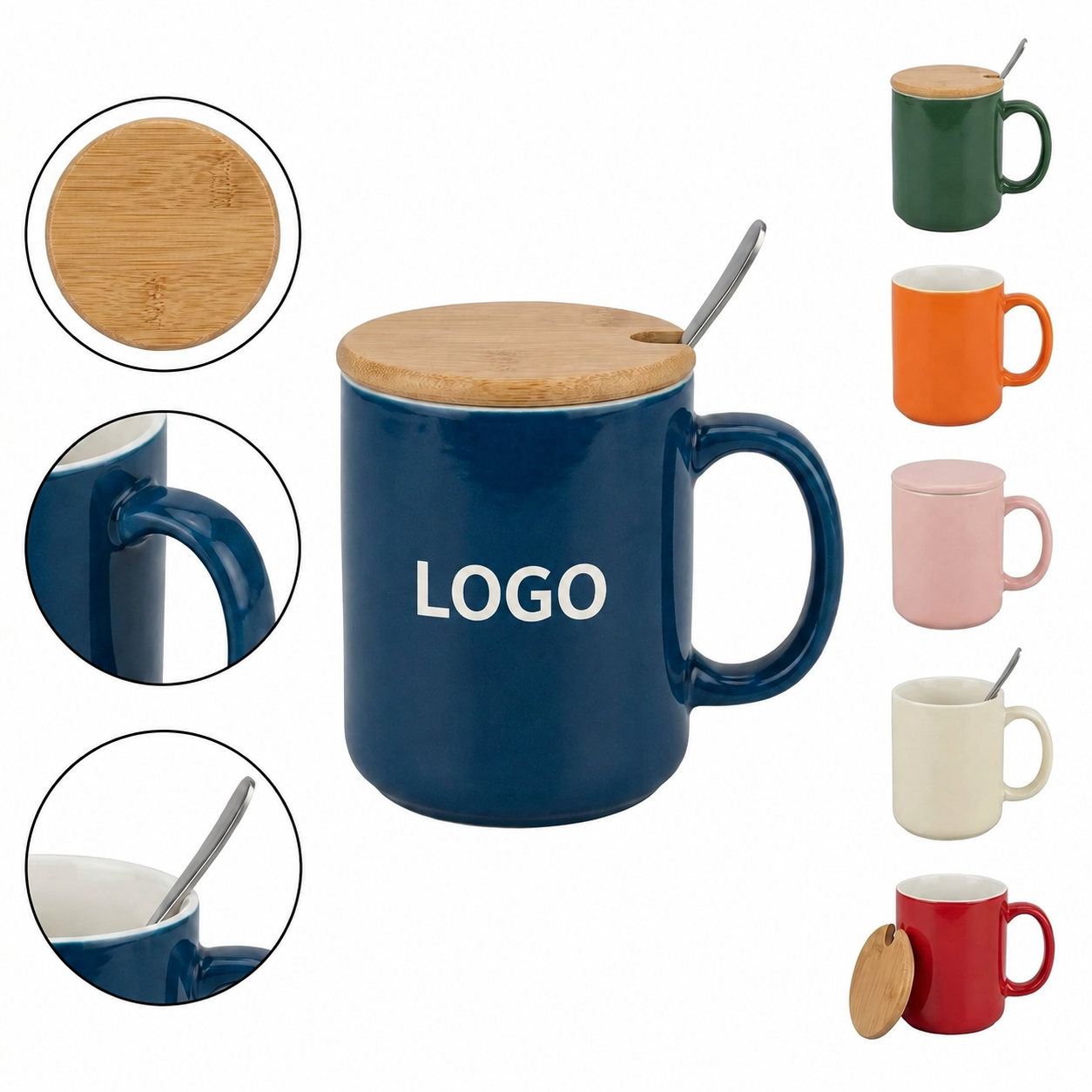 16 oz Ceramic Coffee Cup Set with Natural Grain Lid and Matching Spoon
