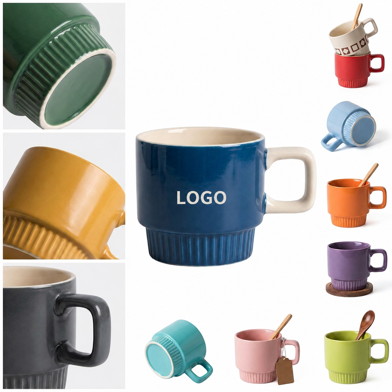 Stackable 11 oz. Ceramic Coffee Mug with Geometric Grip Handle