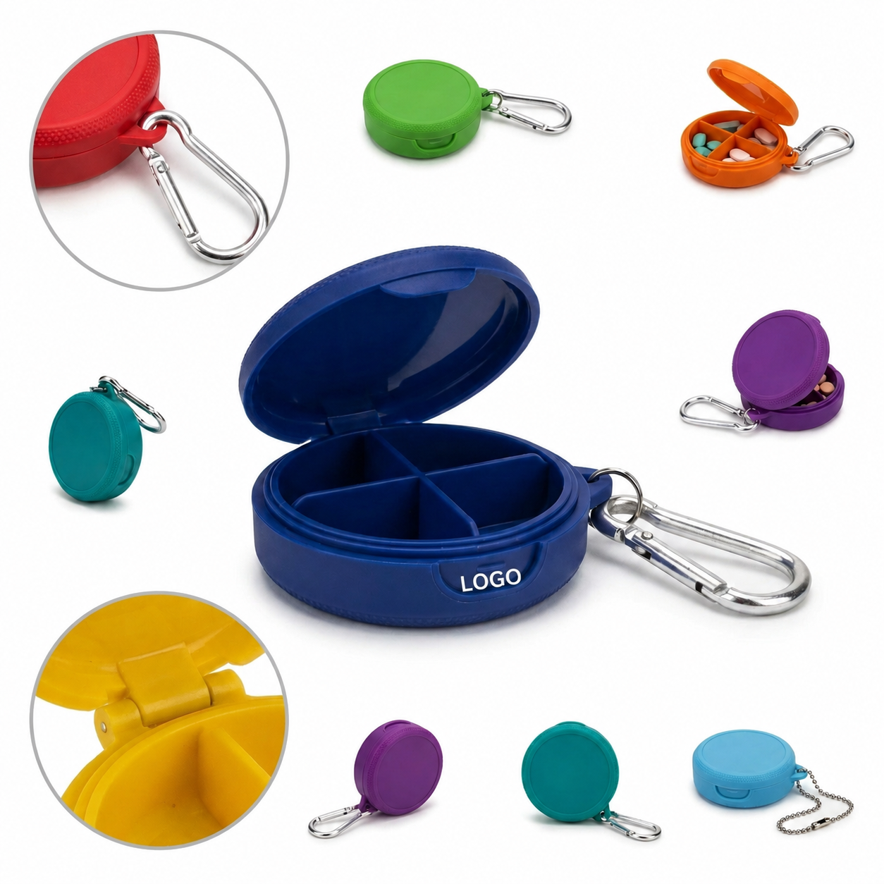 Portable Circular 4-Section Daily Supplement Holder with Metallic Clip