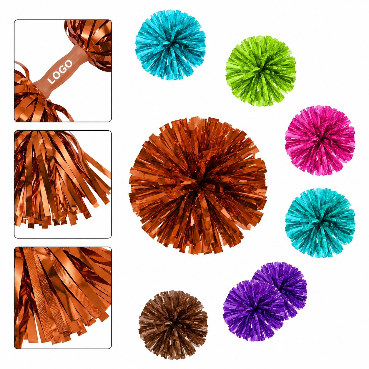 Metallic PET Foil Cheerleading Pom-Poms with Baton Handle - 13 Inch Streamers, 2-Piece Set