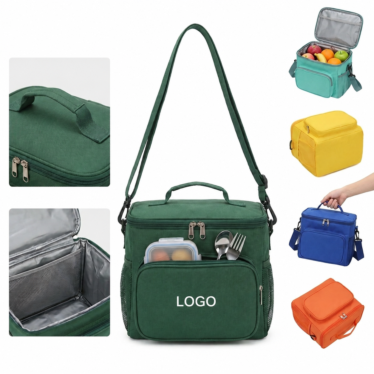 Insulated Polyester Lunch Cooler Bag with Front Storage Pocket and Shoulder Strap