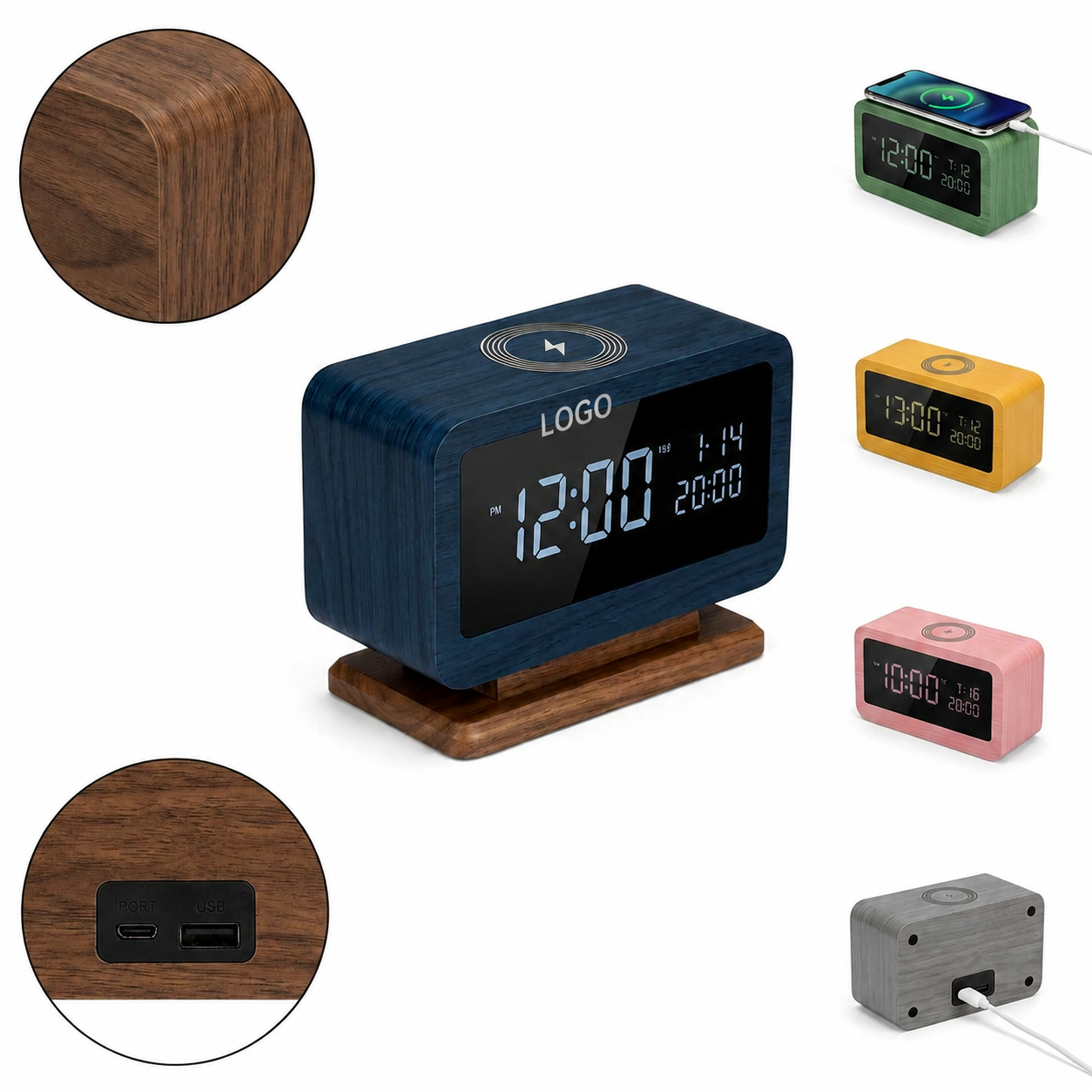Desktop Wood-Grain Digital Clock with Wireless Charging Surface