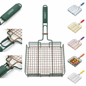 Multicolor Stainless Steel Grill Basket with Heat-Resistant Handle