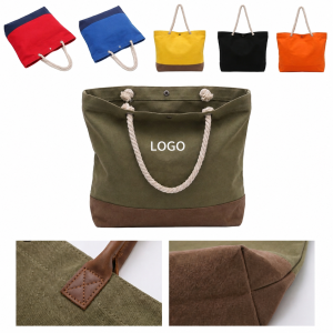 Two-Tone Heavyweight Cotton Canvas Tote with Nautical Rope Handles